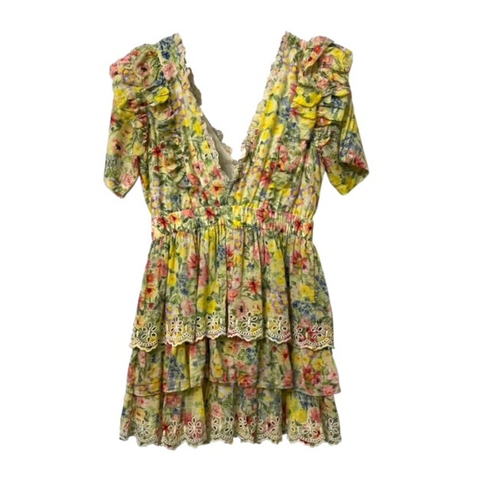 LoveShackFancy Short Sleeve Floral Aldina Mini Dress Rainbow Skies Size Medium - Picture 5 of 16